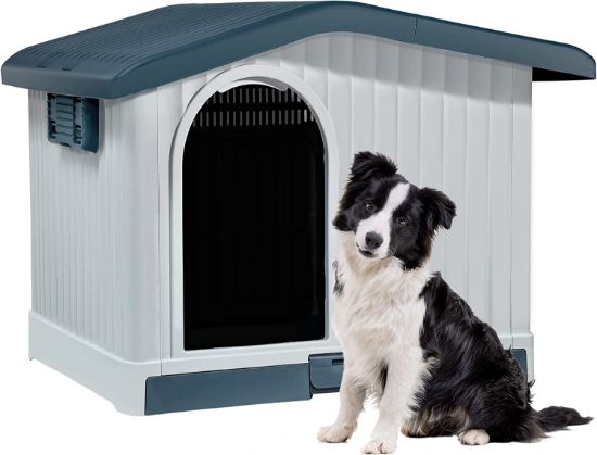 Picture of Large Plastic Dog House with Liftable Roof, Indoor Outdoor Doghouse Puppy Shelter with Detachable Base and Adjustable Bar Window