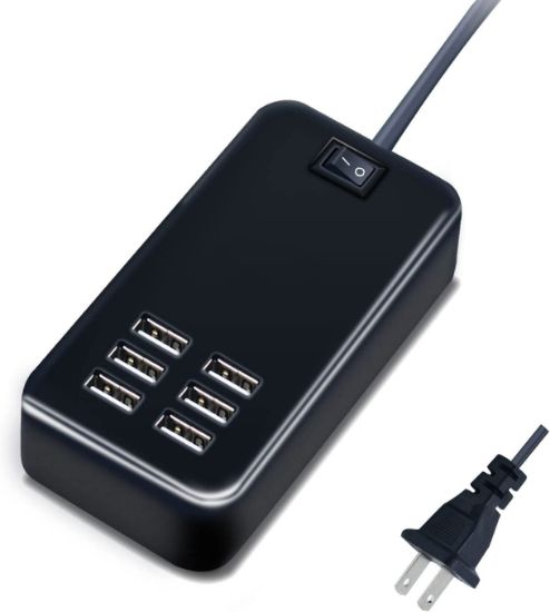 Picture of Multiport USB Charger, 6 Port USB Charging Station for Multiple Devices, Phone, Tablet, Power Strip with ON/Off Switch (Black